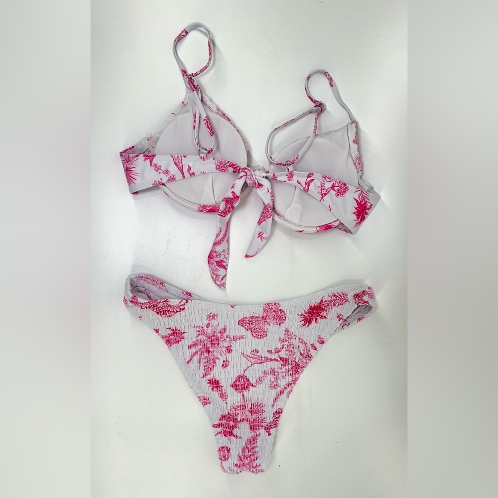 Pink and White Butterfly Print Smocked Two Piece Bikini Underwire Top L Large - Picture 2 of 8